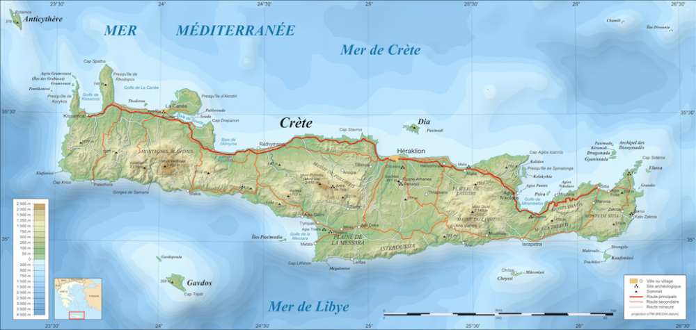 Cartographie de la Crète, l'une des plus grandes îles de Méditerranée