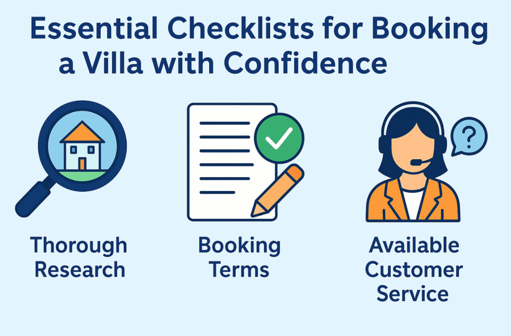 Essential checklists for booking a villa with confidence – thorough research, booking terms, and available customer service.