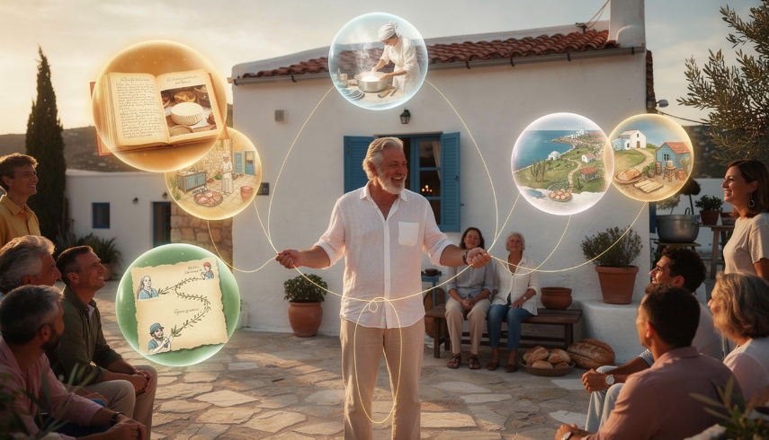 Intérieur animé d'un restaurant traditionnel avec des convives autour de tables garnies de plats locaux et une décoration chaleureuse