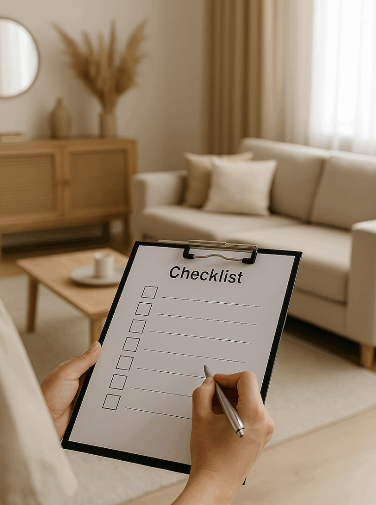 Main cochant une checklist de contrôle qualité dans une villa, symbolisant la vérification des détails avant l’arrivée des voyageurs.