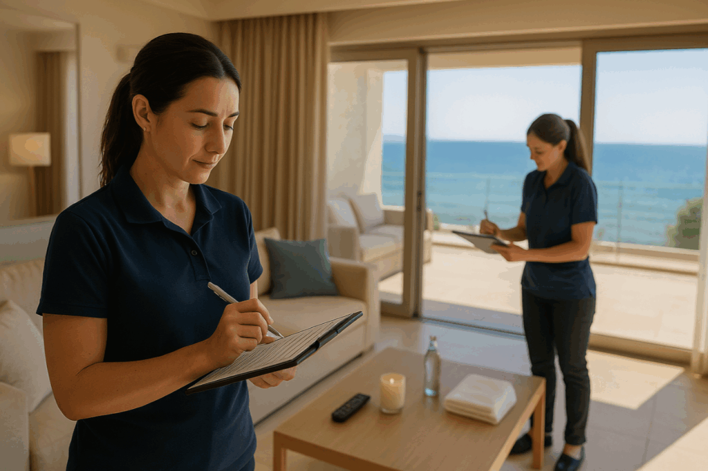 Deux agentes de ménage vérifient une checklist dans une villa de luxe en Crète avant l’arrivée des voyageurs, illustrant un contrôle qualité rigoureux et méthodique.