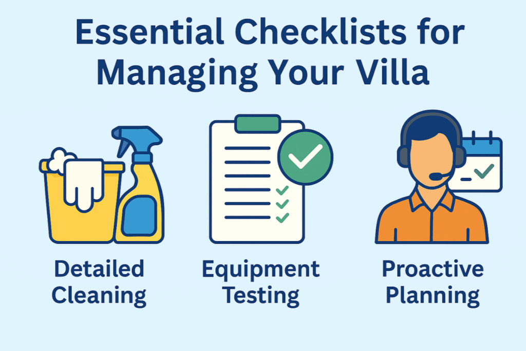 Infographic showing professional follow-up and seasonal planning for luxury villas in Crete: scheduled audits, staff training, and revenue tracking.