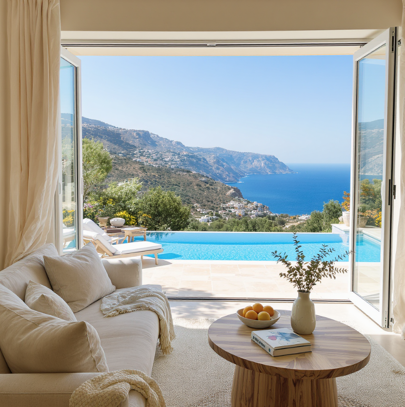 Vue panoramique depuis une villa de luxe en Crète - salon ouvert sur piscine à débordement et mer Égée, intérieur design avec canapé beige et table basse en bois naturel, ambiance lumineuse et apaisante