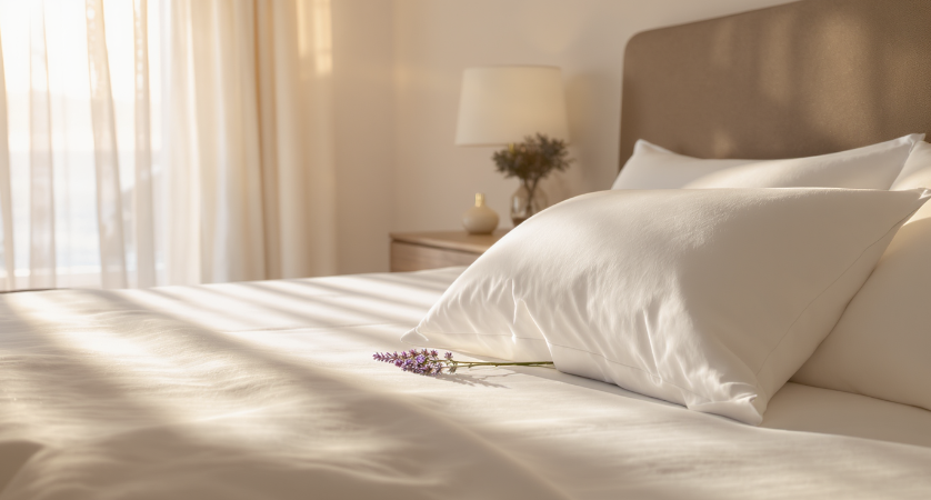 Chambre luxueuse avec lit king-size, oreillers moelleux et décoration florale lavande, ambiance épurée et lumineuse, literie haut de gamme, table de chevet avec lampe design, rideaux voilés, villa premium en Crète