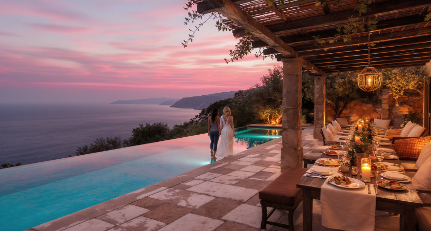 Couple romantique lors d'un dîner aux chandelles en terrasse de villa luxe en Crète au coucher de soleil, piscine à débordement avec vue mer, table dressée élégamment, ambiance intimiste et premium