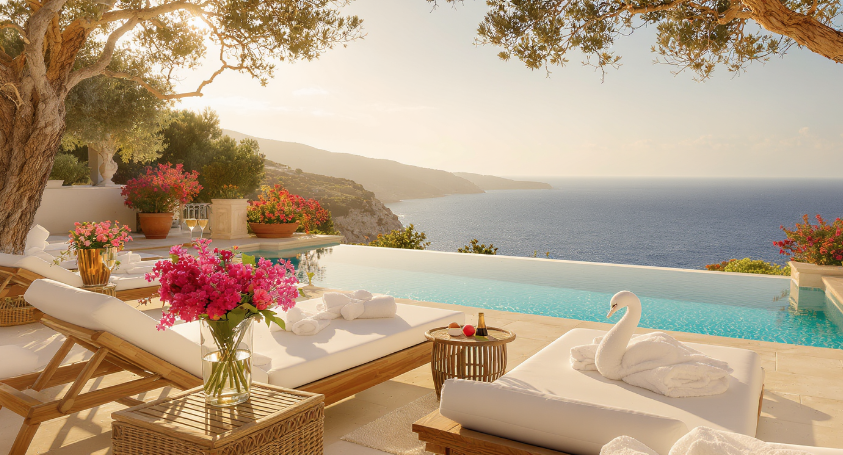Vue aérienne d'une plage paradisiaque en Crète, avec des transats et un parasol rose, illustrant une ambiance estivale luxueuse et relaxante.