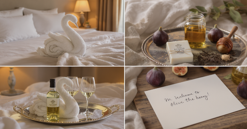 Préparation soignée de cadeaux de bienvenue et carte personnalisée pour des invités en villa de luxe. 