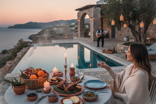 Couple dînant en terrasse au coucher de soleil en Crète – Table garnie de plats traditionnels (salade grecque, pain pita, vin local) avec vue sur la mer Égée, ambiance romantique et lumières dorées, décembre 2025.