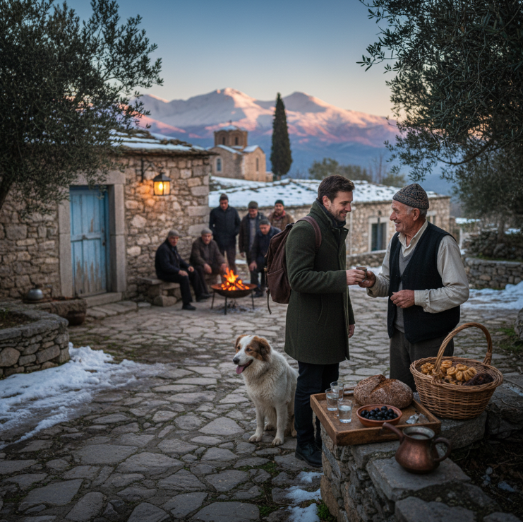 Groupe de personnes autour d’un feu de bois en Crète – Scène hivernale traditionnelle avec maison en pierre, vêtements chauds et ambiance rurale au crépuscule, janvier 2026.