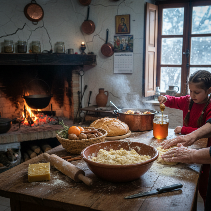 Repas familial traditionnel en Crète autour d'une cheminée - Table garnie de plats locaux, ambiance conviviale et lumineuse dans une maison en pierre, janvier 2026.