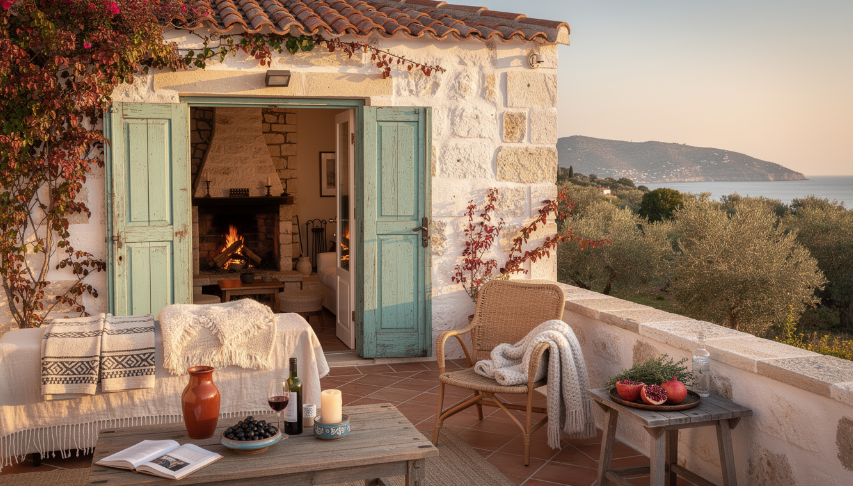 Villa en Crète avec porte en bois traditionnel et murs en pierre – décoration automnale pour ambiance cosy et chaleureuse