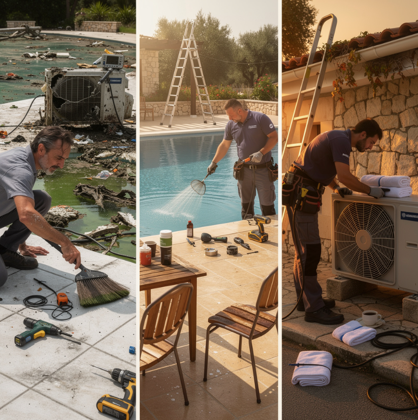 Montage de 3 photos montrant différentes vues d'une villa méditerranéenne avec piscine naturelle, terrasse en pierre et détails architecturaux caractéristiques