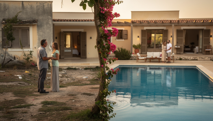 Chantier de rénovation de piscine extérieure avec deux ouvriers en équipement de sécurité travaillant sur une piscine vide en béton, outils de chantier visibles