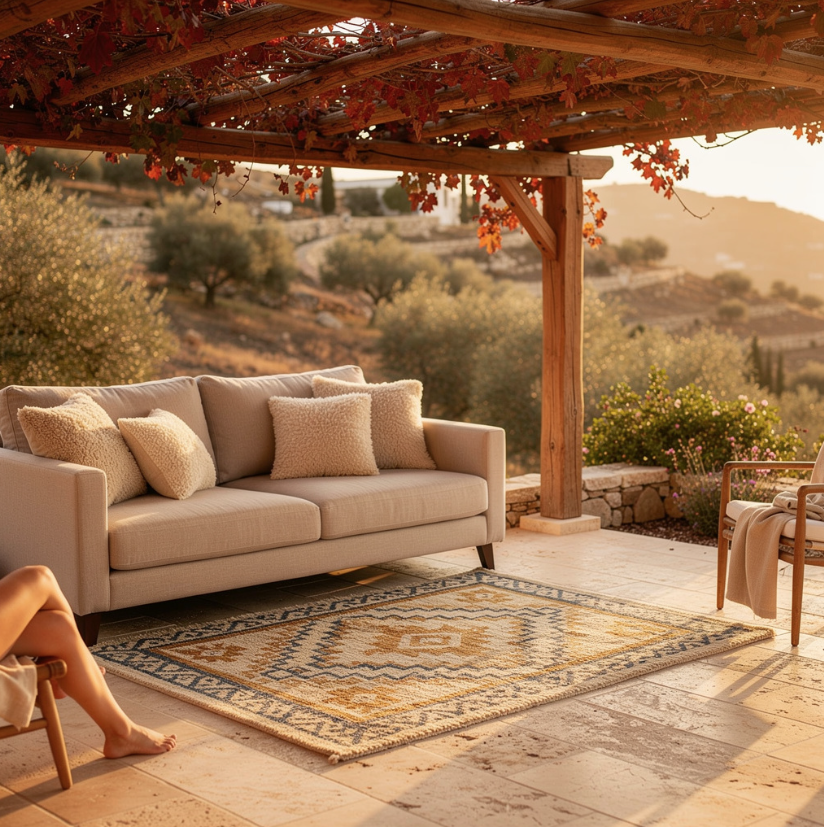 Coin salon extérieur méditerranéen avec canapé en lin beige, coussins en laine et textiles naturels, pergola en bois d’olivier, et décoration automnale (figues, courges). Ambiance hygge luxueuse pour justifier une hausse tarifaire saisonnière – inspiration Crète, Grèce. Idéal pour mise en avant Airbnb ou catalogue décoration haut de gamme.