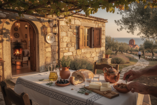 Illustration d’un village crétois traditionnel avec des maisons en pierre aux toits de tuiles, des ruelles pavées, et une lumière automnale douce. L’image met en avant l’architecture typique de la Crète, ses couleurs chaudes, et son ambiance paisible en novembre.