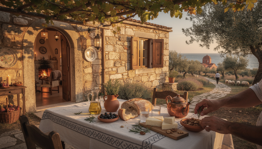 Illustration d’un village crétois traditionnel avec des maisons en pierre aux toits de tuiles, des ruelles pavées, et une lumière automnale douce. L’image met en avant l’architecture typique de la Crète, ses couleurs chaudes, et son ambiance paisible en novembre.