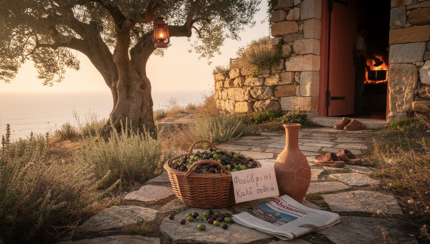 Terrasse ombragée sous un olivier en Crète, avec table en bois, vaisselle traditionnelle et lumière automnale douce – scène de vie méditerranéenne en novembre.