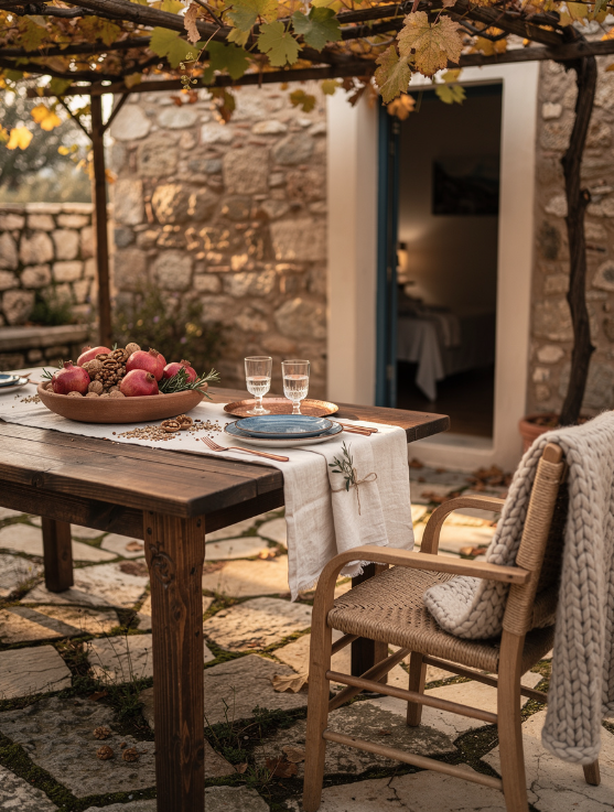 Cour intérieure traditionnelle en Crète avec mobilier en bois, plantes en pots, sol en pierre et ambiance méditerranéenne ensoleillée – espace de vie typique des maisons crétoises